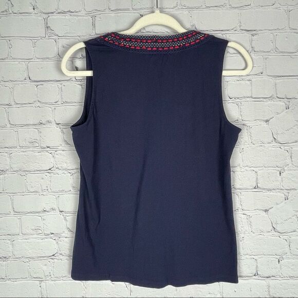 TALBOTS navy V-neck sleeveless top ribbon embellishment - size MP - Picture 2 of 10